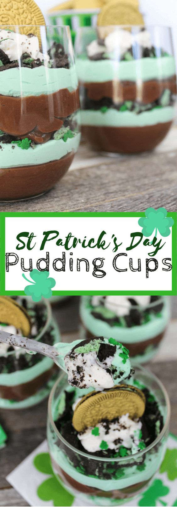 St Patrick’s Day Pudding Cups are made with chocolate instant pudding, mint OREO cookies, sprinkles and whipped cream