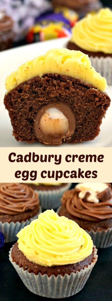 This is possibly the most delicious and decadent Easter treat in existence! Cadbury creme egg cupcakes with chocolate sponge and two yummy icing options (chocolate and lemon). #cadburycremeeggs #Eastereggs #Eastercupcakes