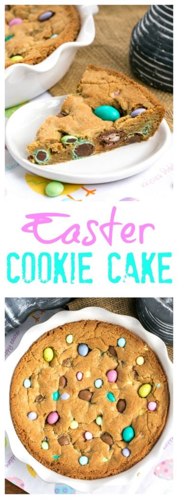 This Easter Cookie cake is a delicious Easter treat, its is like a giant chocolate chip cookie on steroids! #eastertreats #eastercake 