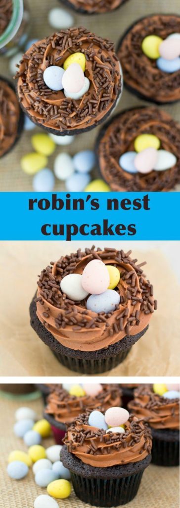Uggh these are so delicious!  you will love these moist, rich chocolate cupcakes, topped with a fluffy chocolate frosting, brown jimmies and Hershey's chocolate robins’ eggs ﻿ #easter #eastereggs #eastercupcake