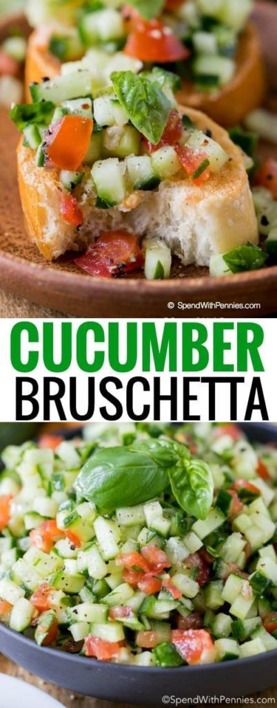 Cucumber Bruschetta - This yummy and healthy cucumber bruschetta is an extremely quick and easy cucumber appetizer. With crisp cucumber, juicy tomatoes, garlic, basil and olive oil on a baguette, this appetizer can also be used for a snack or a side dish. 