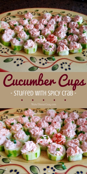 Cucumber Cups Stuffed With Spicy Crab Spicy crab is a popular filling for sushi creations and it works perfectly when you stuff it into hollowed out cucumber cups, a great cucumber appetizer! 