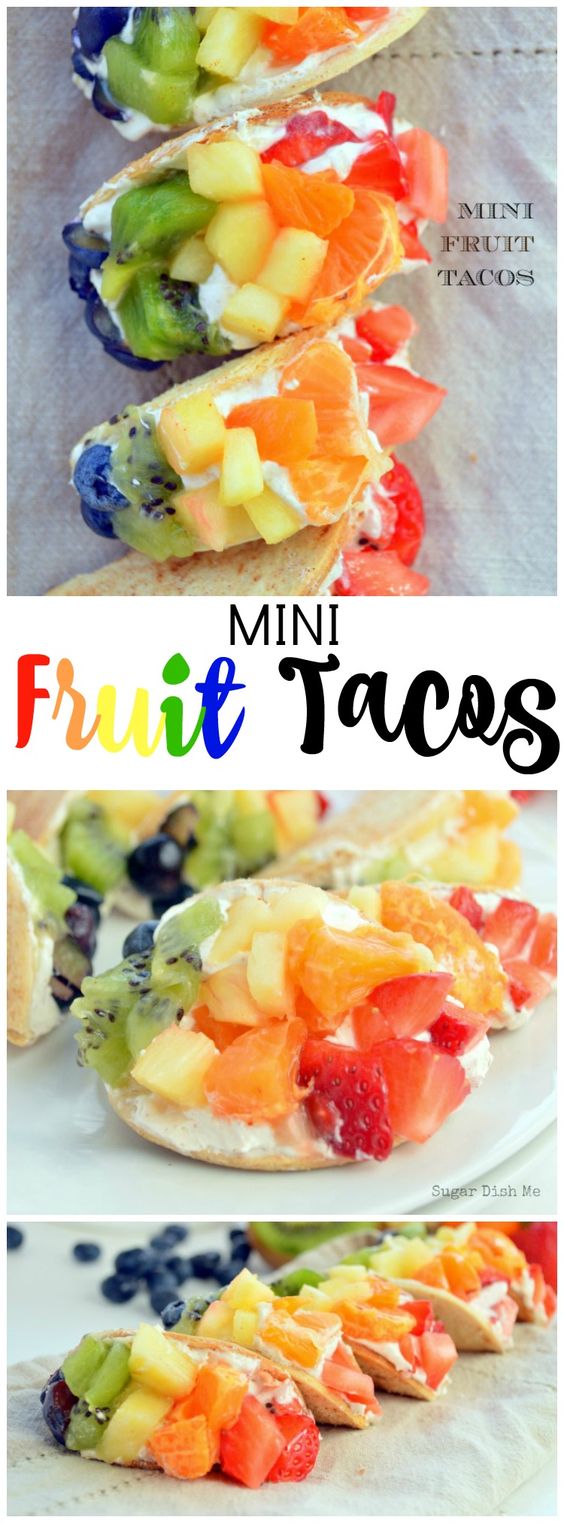 Mini Fruit Tacos, a great summer or spring appetizer! Little cinnamon sugar tortillas stuffed with honey cinnamon cream cheese and an assortment of your favorite fruit. 