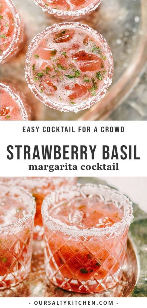 Here is an awesome twist on your traditional margarita! This Strawberry and Basil margarita is sweet, tart and refreshing, its just made for some summer fun! #summercocktails #strawberrymargarita #maragarita