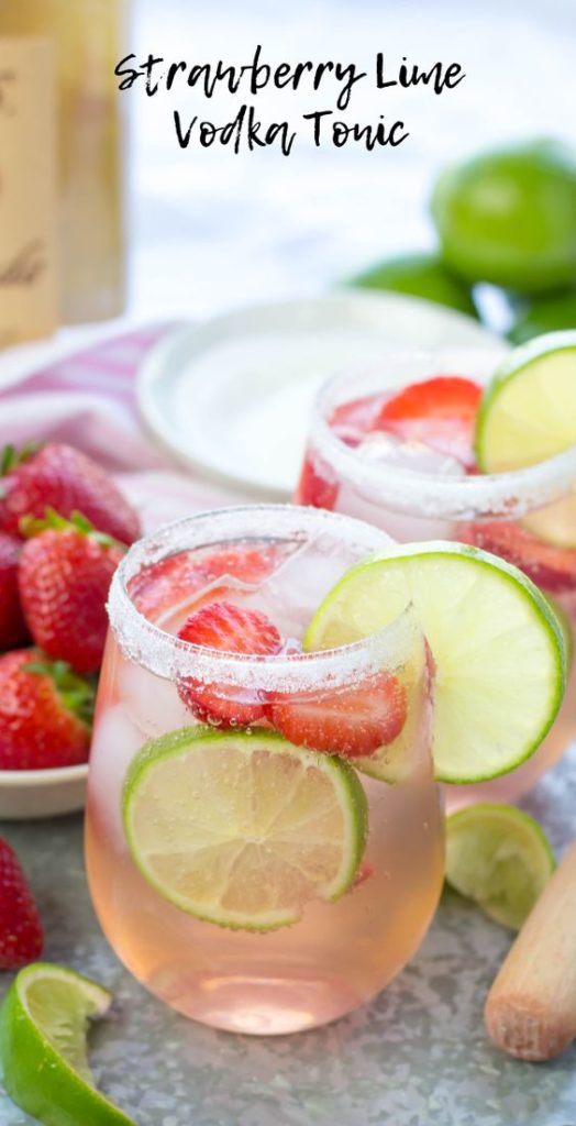 This Strawberry Lime Vodka Tonic is an awesome, refreshing summer cocktail. The fruity flavors of the lime juice and strawberries works perfectly with vodka and tonic water. Add some sugar to the rim of the glass and you have a very cool looking and sweet tasting cocktail to enjoy at any summer get together.  #strawberrycocktail #vodkacocktail #summercocktail