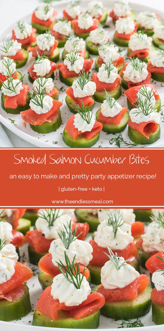 Cucumber bites With Smoked Salmon - These stunning looking cucumber and smoked salmon appetizers will im press your guests with their look and flavor. Great starter or party nibbles, this classy looking cucumber appetizer is very easy to put togethor. 
