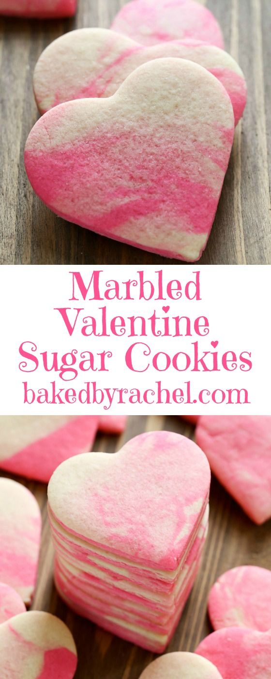 Heart shaped pink and white marbled valentine sugar cookies