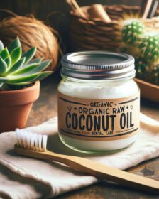 coconut oil pulling benefits for teeth, coconut oil and tooth brush on a wooden bathroom bench