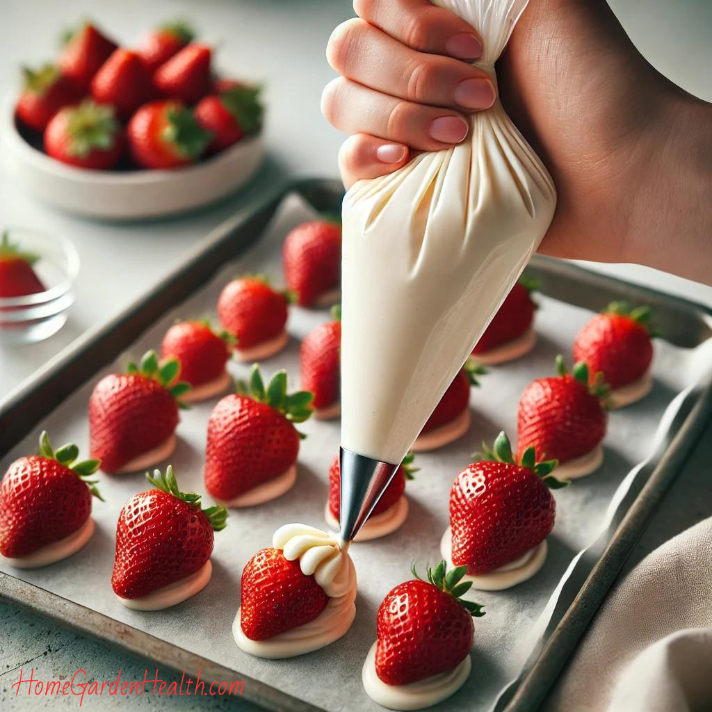 Piping cream onto deviled strawberries