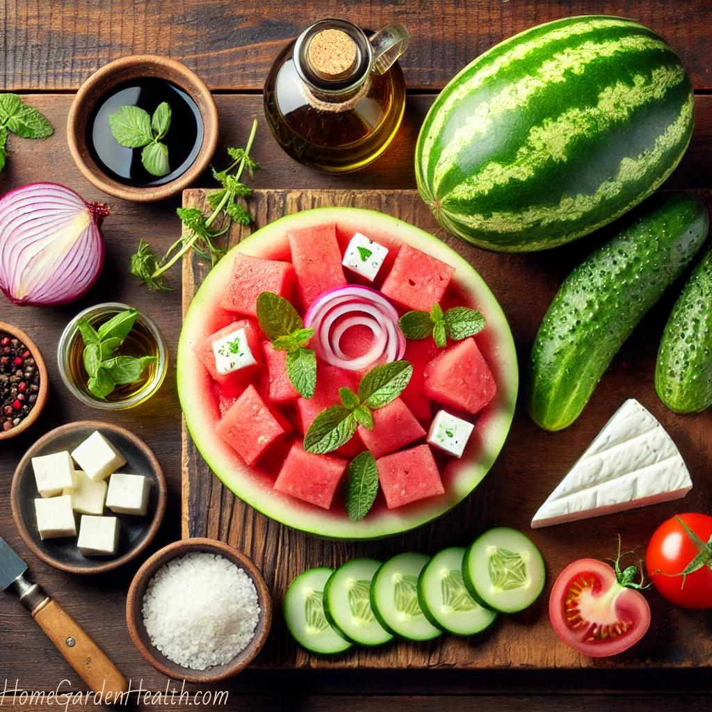 Picture of the ingredients required to make a watermelon feta mint salad