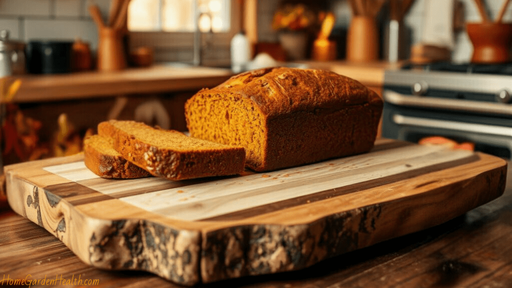 Pumpkin Bread Sliced on a cutting board in a cozy kitchen