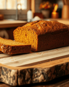 Pumpkin Bread Sliced on a cutting board in a cozy kitchen