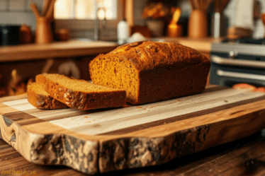 Pumpkin Bread Sliced on a cutting board in a cozy kitchen