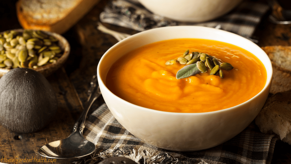 Butternut Squash Soup with Sage and Brown Butter served up in a bowl