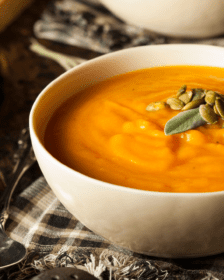 Butternut Squash Soup with Sage and Brown Butter served up in a bowl