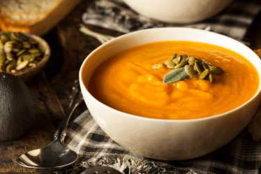 Butternut Squash Soup with Sage and Brown Butter served up in a bowl