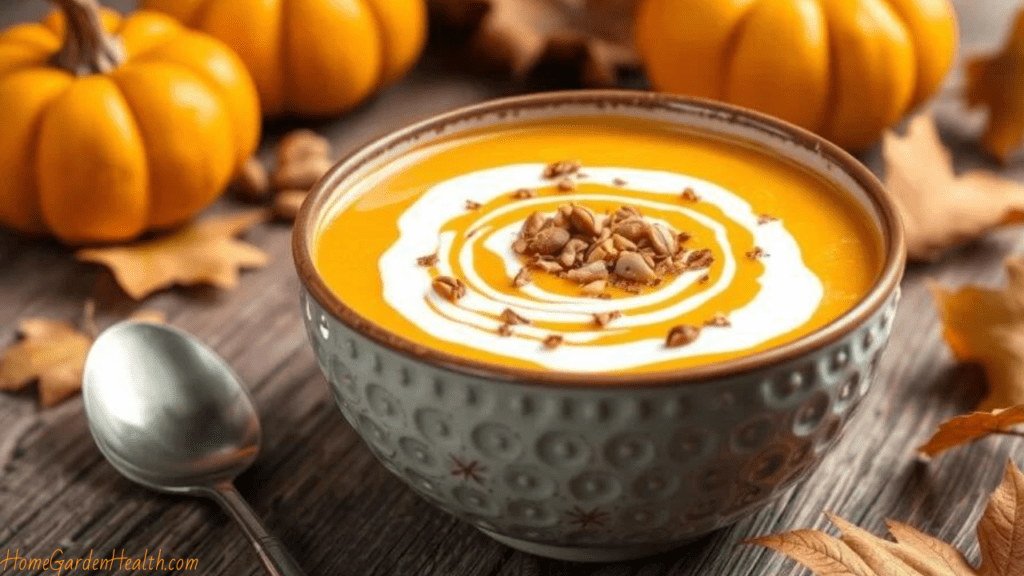 Creamy pumpkin soup served in a bowl