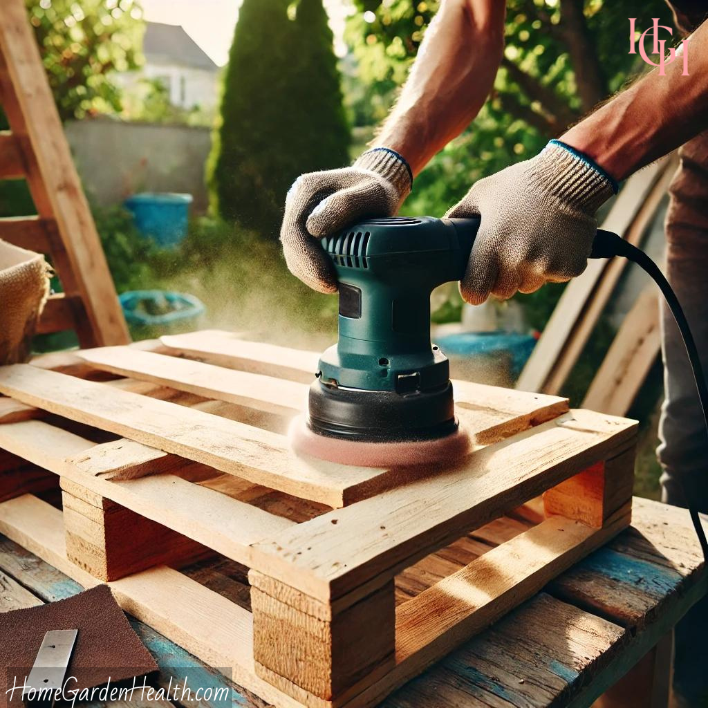 Sanding the pallet to be used as a planter box