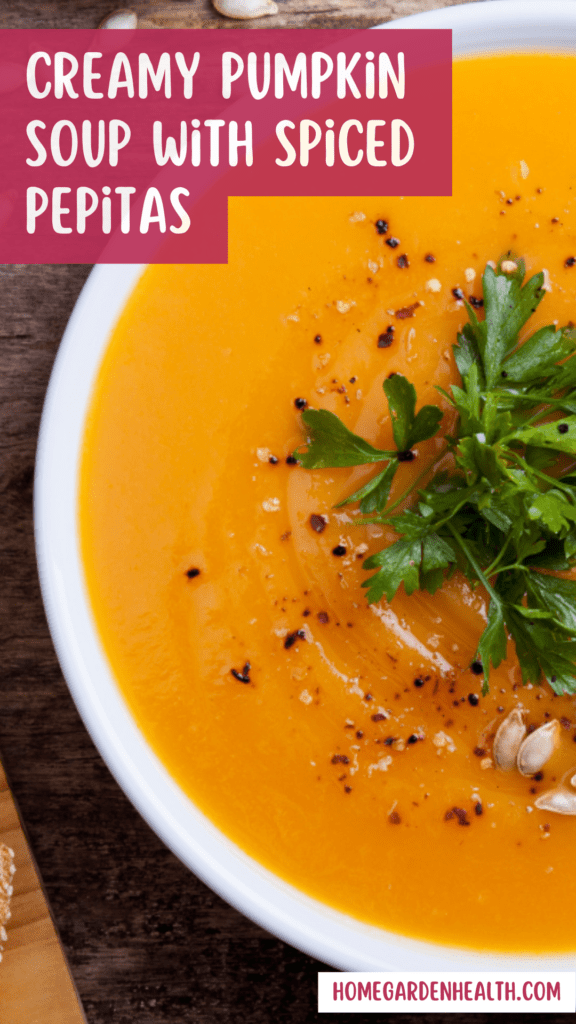 Creamy Pumpkin soup with spiced pepitas pinterest pin