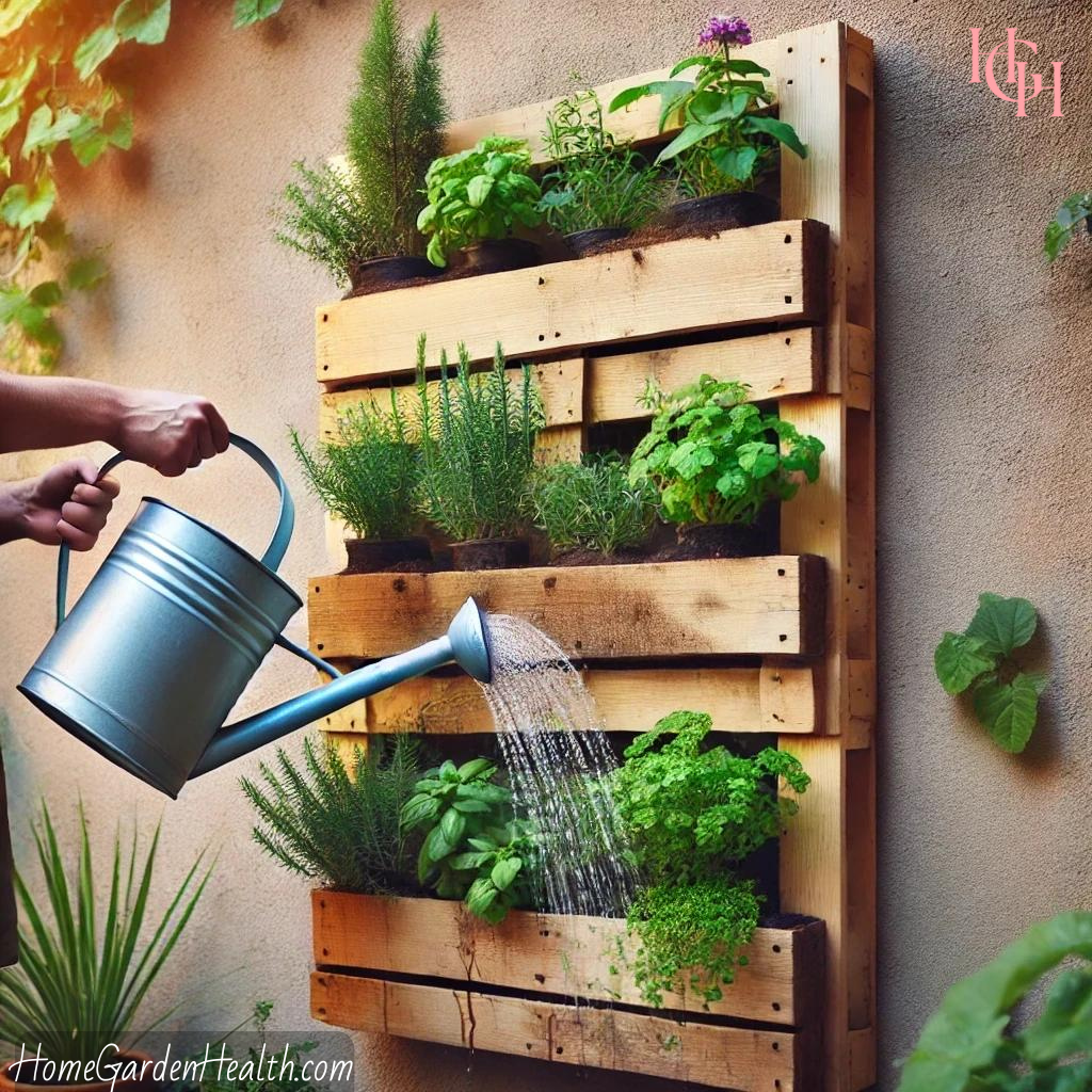 watering your pallet planter using a watering can