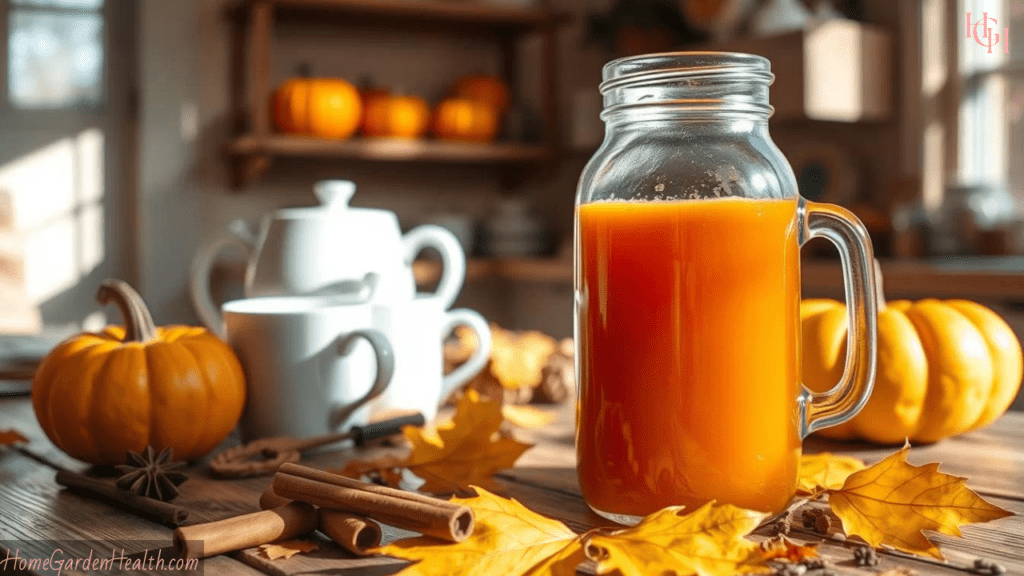 Pumpkin syrup in a mason jar alongside a cup of coffee and some fall leaces