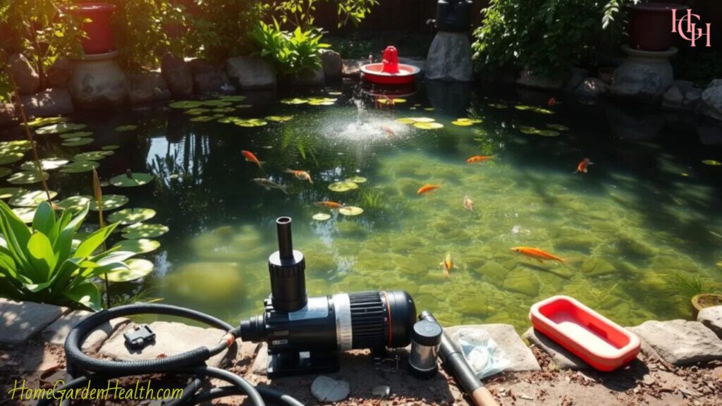 External pond pump next to a pond