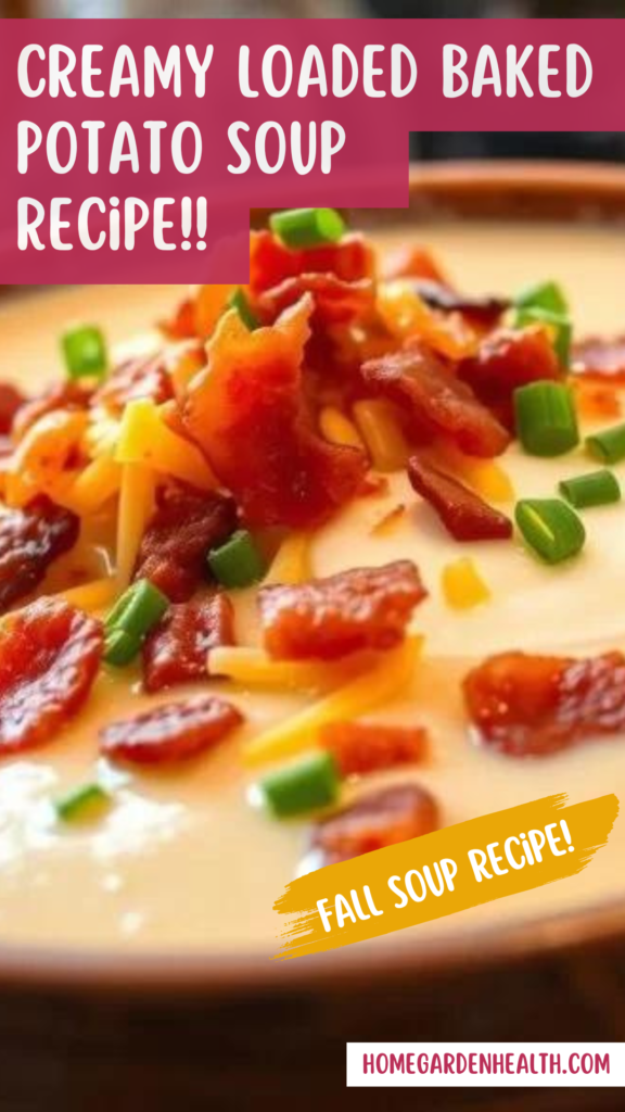 Indulge in the ultimate comfort food with this loaded baked potato soup! Creamy, hearty, and topped with bacon, cheese, and chives, it's perfect for a cozy meal. Click for the easy recipe and enjoy a bowl of deliciousness! #PotatoSoup #ComfortFood #LoadedSoup #CozyMeals #FallRecipes