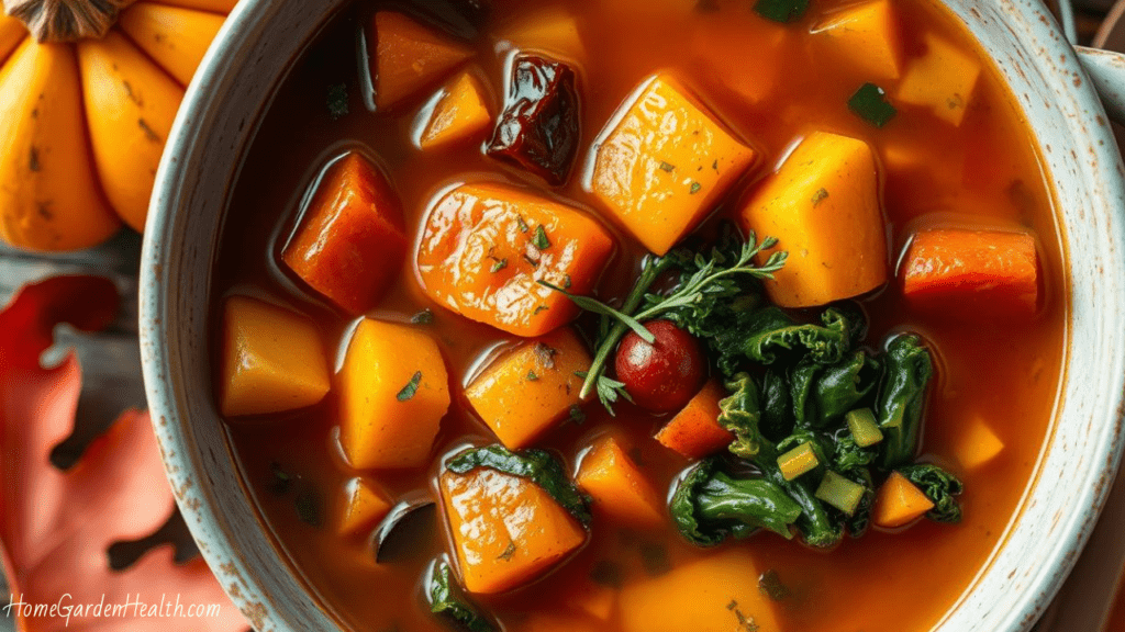 A healthy serving of Autumn Harvest Vegetable Soup In a bowl