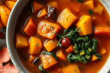 A healthy serving of Autumn Harvest Vegetable Soup In a bowl