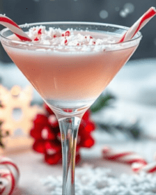 Candy Cane Martini Cocktail in a tall martini glass with candy cane garnish