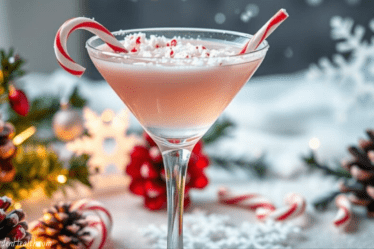 Candy Cane Martini Cocktail in a tall martini glass with candy cane garnish