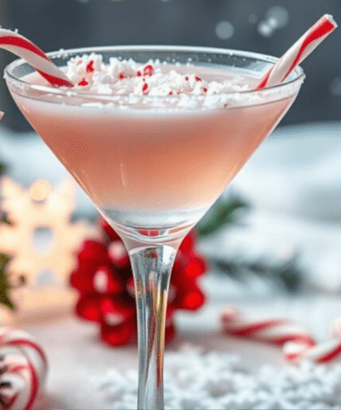 Candy Cane Martini Cocktail in a tall martini glass with candy cane garnish