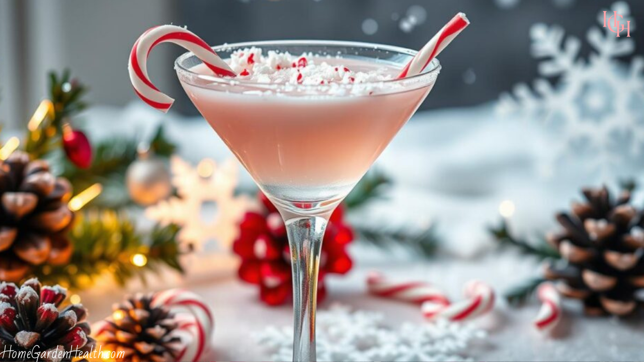 Candy Cane Martini Cocktail in a tall martini glass with candy cane garnish