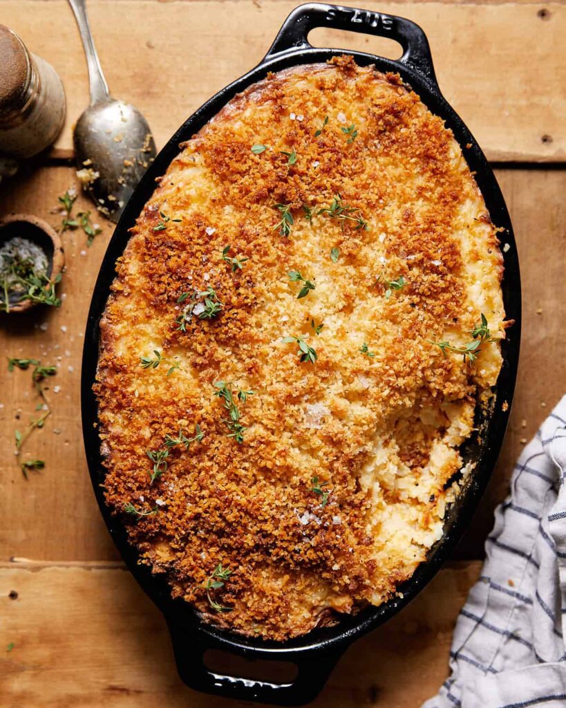 cheesy hash borwn casserole in backing dish