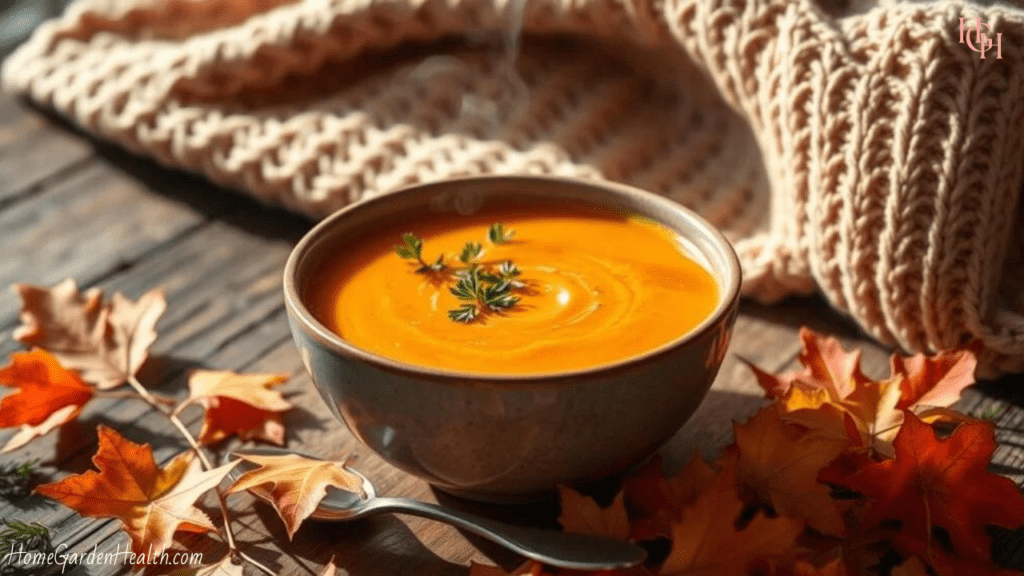 Cozy Carrot and Ginger Soup in a bowl amongst autumn leaves