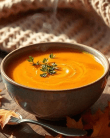 Cozy Carrot and Ginger Soup in a bowl amongst autumn leaves