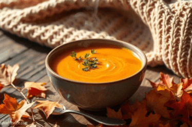 Cozy Carrot and Ginger Soup in a bowl amongst autumn leaves