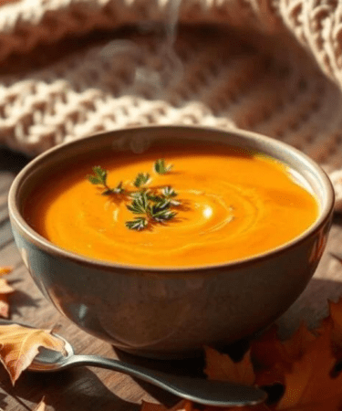 Cozy Carrot and Ginger Soup in a bowl amongst autumn leaves