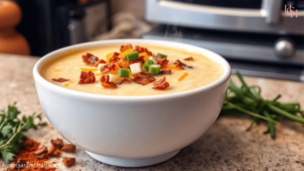 A warm cozy bowl of loaded baked potato soup