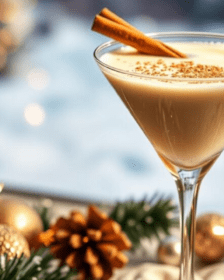 Eggnog Martini Cocktail Christmas Recipe served up in a martini glass with cinnamon sticks