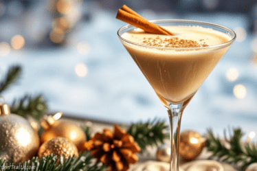 Eggnog Martini Cocktail Christmas Recipe served up in a martini glass with cinnamon sticks