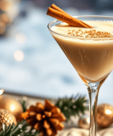 Eggnog Martini Cocktail Christmas Recipe served up in a martini glass with cinnamon sticks