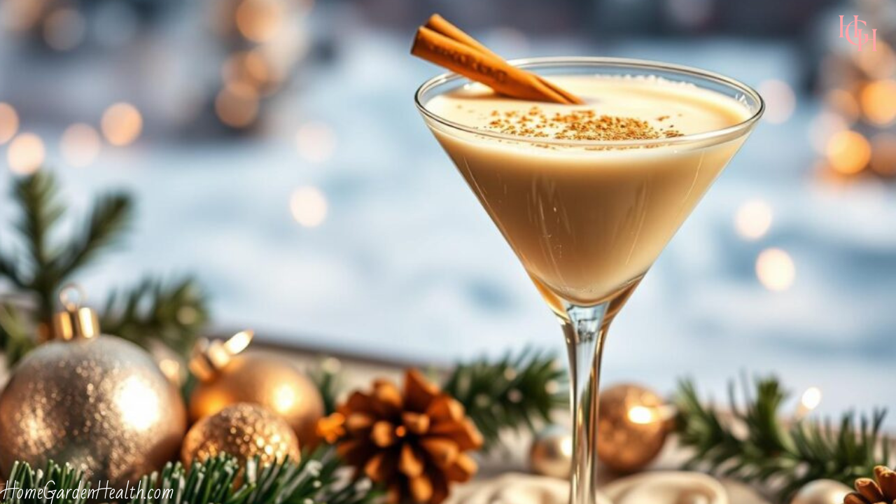 Eggnog Martini Cocktail Christmas Recipe served up in a martini glass with cinnamon sticks