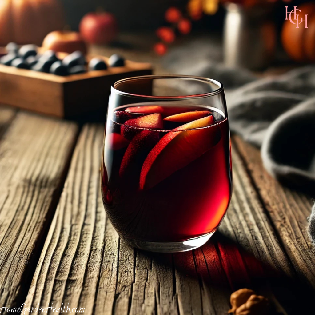 A tumbler glass with red wine sangria inside