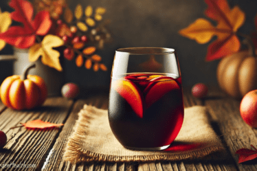 Red Wine Sangria in a tumbler with fall themed surroundings