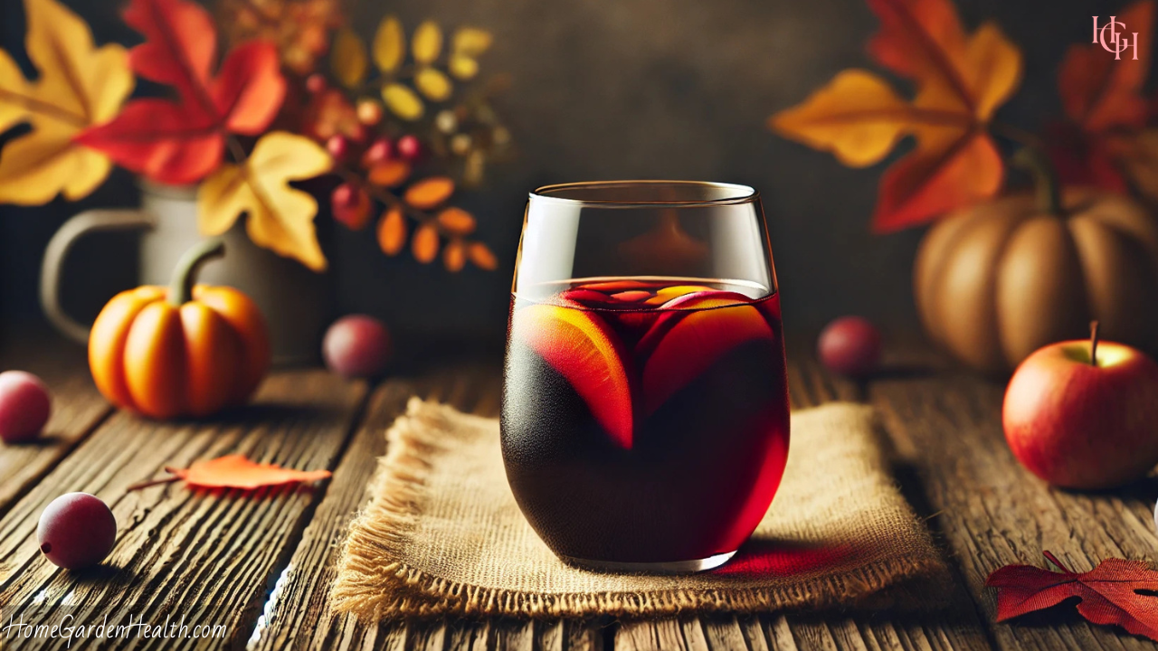 Red Wine Sangria in a tumbler with fall themed surroundings