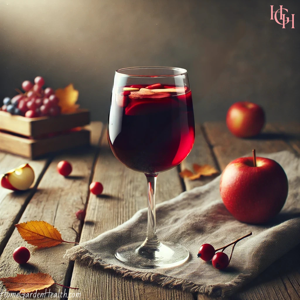 Wine Glass containing red wine sangria on a wooden table with ingredients stewn around