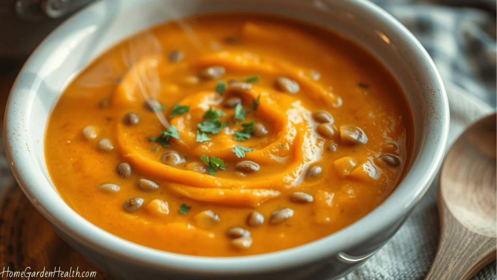 Serving of sweet potato and lentil soup