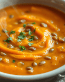 Serving of sweet potato and lentil soup