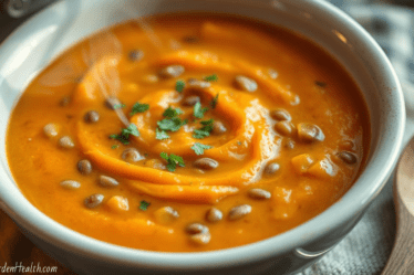 Serving of sweet potato and lentil soup